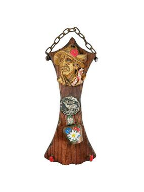1970s Folk Art Key Rack – Alpine Bust, Buck Medallion, Bell, Rustic Wood